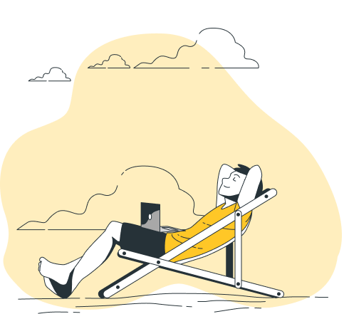 Ilustración de un hombre relajado en una silla de playa reclinada hacia atrás, con un portátil encima