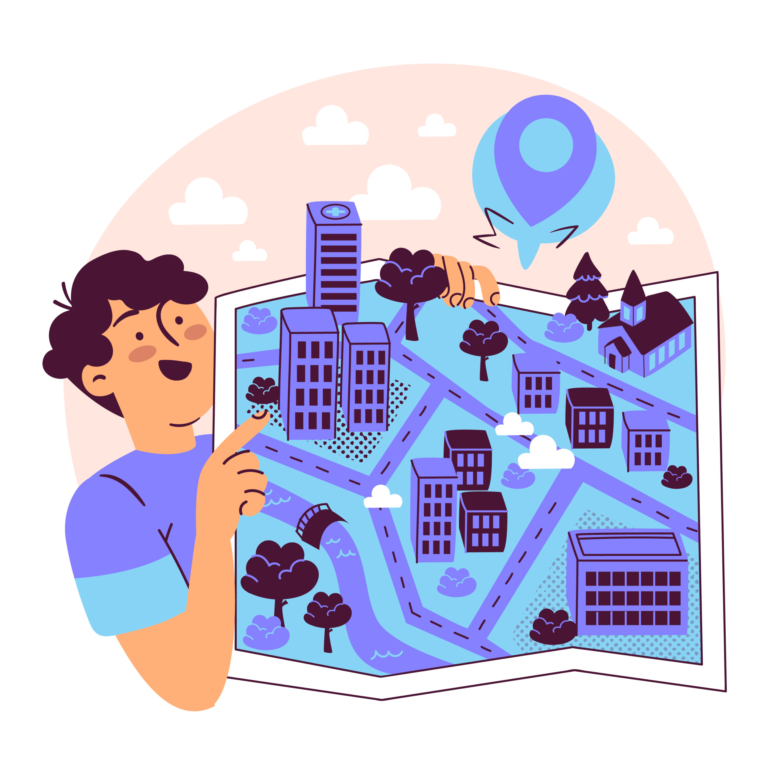 Ilustración de un chico señalando un mapa