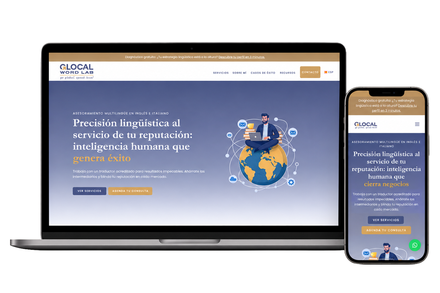 Mockup ordenador y mobile de la web Glocal Word Lab